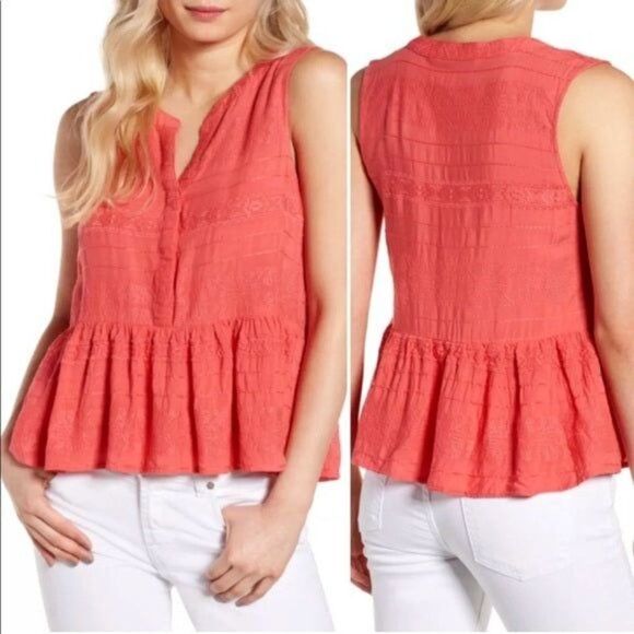 cupcakes & cashmere Tops - Cupcakes & Cashmere | NWT Hughes Embroidered Peplum Hem Top Coral Size Small
